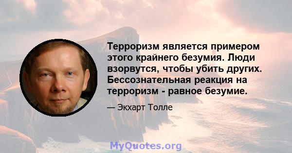 Терроризм является примером этого крайнего безумия. Люди взорвутся, чтобы убить других. Бессознательная реакция на терроризм - равное безумие.