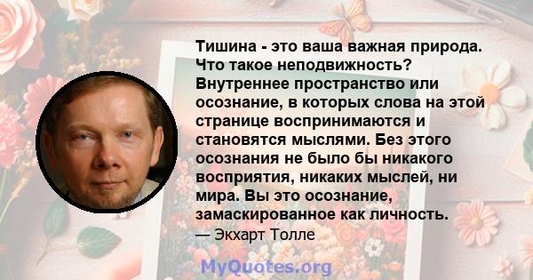 Тишина - это ваша важная природа. Что такое неподвижность? Внутреннее пространство или осознание, в которых слова на этой странице воспринимаются и становятся мыслями. Без этого осознания не было бы никакого восприятия, 