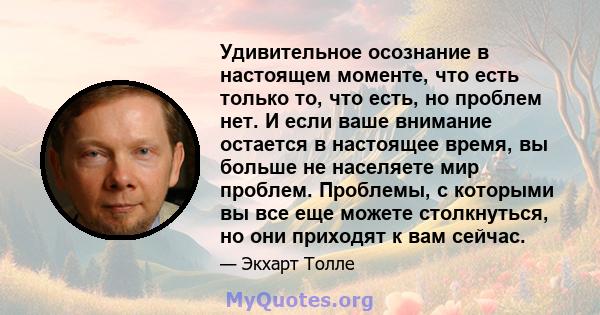 Удивительное осознание в настоящем моменте, что есть только то, что есть, но проблем нет. И если ваше внимание остается в настоящее время, вы больше не населяете мир проблем. Проблемы, с которыми вы все еще можете