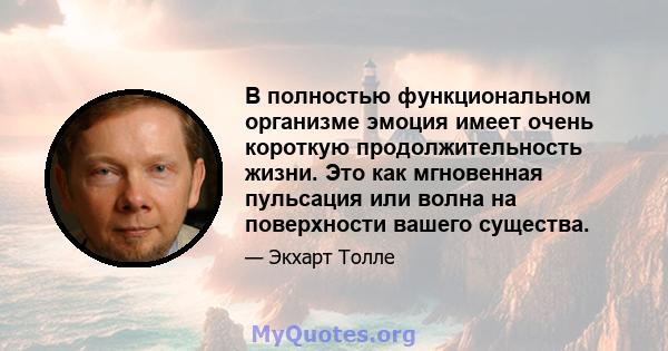 В полностью функциональном организме эмоция имеет очень короткую продолжительность жизни. Это как мгновенная пульсация или волна на поверхности вашего существа.