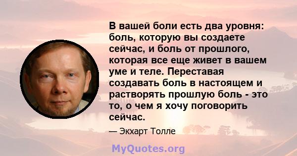 В вашей боли есть два уровня: боль, которую вы создаете сейчас, и боль от прошлого, которая все еще живет в вашем уме и теле. Переставая создавать боль в настоящем и растворять прошлую боль - это то, о чем я хочу