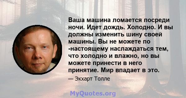 Ваша машина ломается посреди ночи. Идет дождь. Холодно. И вы должны изменить шину своей машины. Вы не можете по -настоящему наслаждаться тем, что холодно и влажно, но вы можете принести в него принятие. Мир впадает в