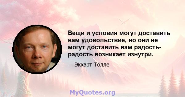 Вещи и условия могут доставить вам удовольствие, но они не могут доставить вам радость- радость возникает изнутри.