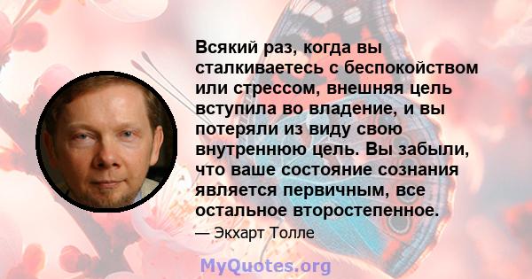 Всякий раз, когда вы сталкиваетесь с беспокойством или стрессом, внешняя цель вступила во владение, и вы потеряли из виду свою внутреннюю цель. Вы забыли, что ваше состояние сознания является первичным, все остальное