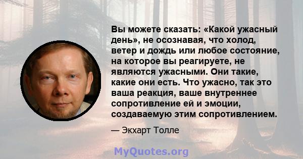 Вы можете сказать: «Какой ужасный день», не осознавая, что холод, ветер и дождь или любое состояние, на которое вы реагируете, не являются ужасными. Они такие, какие они есть. Что ужасно, так это ваша реакция, ваше