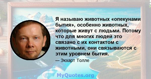 Я называю животных «опекунами бытия», особенно животных, которые живут с людьми. Потому что для многих людей это связано с их контактом с животными, они связываются с этим уровнем бытия.