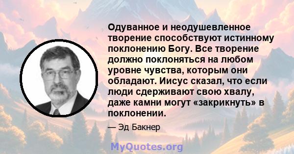 Одуванное и неодушевленное творение способствуют истинному поклонению Богу. Все творение должно поклоняться на любом уровне чувства, которым они обладают. Иисус сказал, что если люди сдерживают свою хвалу, даже камни