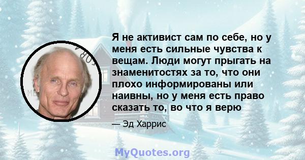 Я не активист сам по себе, но у меня есть сильные чувства к вещам. Люди могут прыгать на знаменитостях за то, что они плохо информированы или наивны, но у меня есть право сказать то, во что я верю