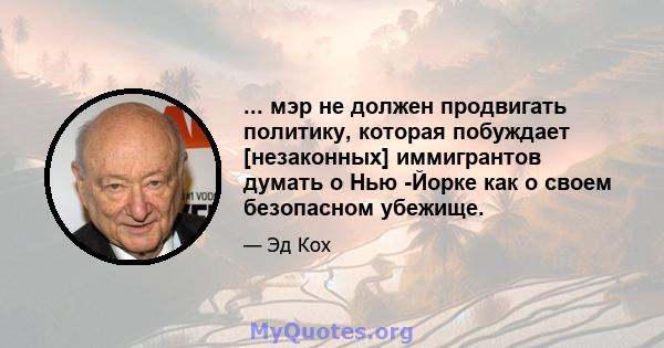 ... мэр не должен продвигать политику, которая побуждает [незаконных] иммигрантов думать о Нью -Йорке как о своем безопасном убежище.