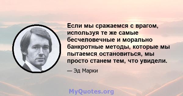 Если мы сражаемся с врагом, используя те же самые бесчеловечные и морально банкротные методы, которые мы пытаемся остановиться, мы просто станем тем, что увидели.