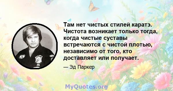 Там нет чистых стилей каратэ. Чистота возникает только тогда, когда чистые суставы встречаются с чистой плотью, независимо от того, кто доставляет или получает.