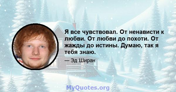 Я все чувствовал. От ненависти к любви. От любви до похоти. От жажды до истины. Думаю, так я тебя знаю.