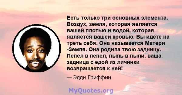 Есть только три основных элемента. Воздух, земля, которая является вашей плотью и водой, которая является вашей кровью. Вы идете на треть себя. Она называется Матери -Земля. Она родила твою задницу. Пепел в пепел, пыль