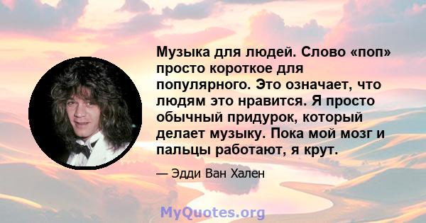 Музыка для людей. Слово «поп» просто короткое для популярного. Это означает, что людям это нравится. Я просто обычный придурок, который делает музыку. Пока мой мозг и пальцы работают, я крут.