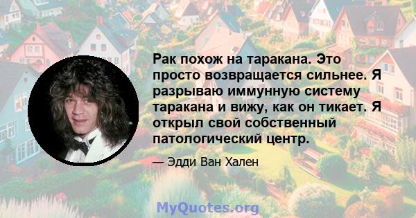 Рак похож на таракана. Это просто возвращается сильнее. Я разрываю иммунную систему таракана и вижу, как он тикает. Я открыл свой собственный патологический центр.