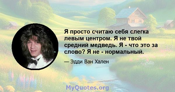 Я просто считаю себя слегка левым центром. Я не твой средний медведь. Я - что это за слово? Я не - нормальный.