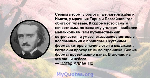 Серым лесом, у болота, где лагерь жабы и Ньюта, у мрачных Тарнс и Бассейнов, где обитают гулевые. Каждое место самым нечестивым, по каждому уголкам, наиболее меланхолиям, там путешественник встречается, в ужасе,