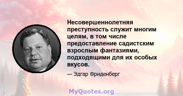 Несовершеннолетняя преступность служит многим целям, в том числе предоставление садистским взрослым фантазиями, подходящими для их особых вкусов.