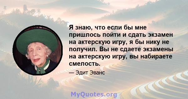 Я знаю, что если бы мне пришлось пойти и сдать экзамен на актерскую игру, я бы нику не получил. Вы не сдаете экзамены на актерскую игру, вы набираете смелость.