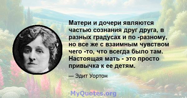 Матери и дочери являются частью сознания друг друга, в разных градусах и по -разному, но все же с взаимным чувством чего -то, что всегда было там. Настоящая мать - это просто привычка к ее детям.