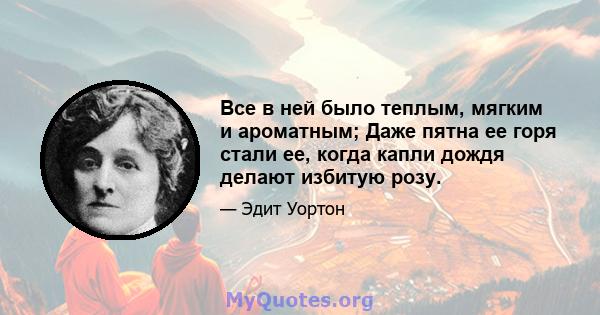 Все в ней было теплым, мягким и ароматным; Даже пятна ее горя стали ее, когда капли дождя делают избитую розу.