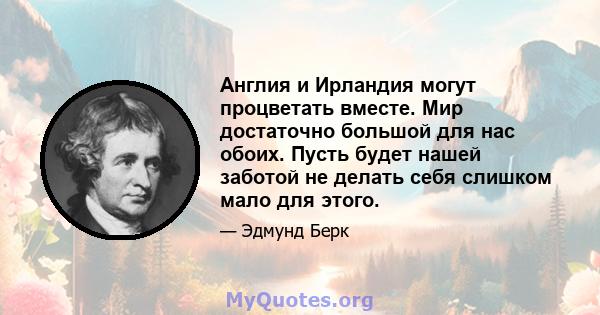 Англия и Ирландия могут процветать вместе. Мир достаточно большой для нас обоих. Пусть будет нашей заботой не делать себя слишком мало для этого.