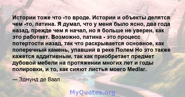 Истории тоже что -то вроде. Истории и объекты делятся чем -то, патина. Я думал, что у меня было ясно, два года назад, прежде чем я начал, но я больше не уверен, как это работает. Возможно, патина - это процесс