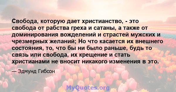 Свобода, которую дает христианство, - это свобода от рабства греха и сатаны, а также от доминирования вожделений и страстей мужских и чрезмерных желаний; Но что касается их внешнего состояния, то, что бы ни было раньше, 