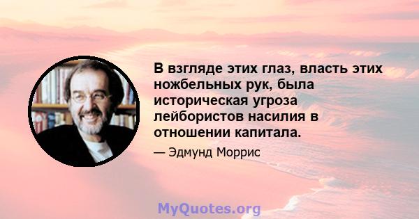 В взгляде этих глаз, власть этих ножбельных рук, была историческая угроза лейбористов насилия в отношении капитала.