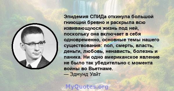 Эпидемия СПИДа откинула большой гниющий бревно и раскрыла всю извивающуюся жизнь под ней, поскольку она включает в себя одновременно, основные темы нашего существования: пол, смерть, власть, деньги, любовь, ненависть,