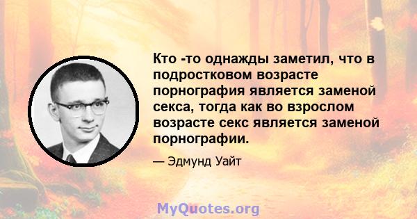 Кто -то однажды заметил, что в подростковом возрасте порнография является заменой секса, тогда как во взрослом возрасте секс является заменой порнографии.