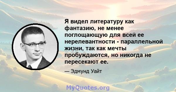 Я видел литературу как фантазию, не менее поглощающую для всей ее нерелевантности - параллельной жизни, так как мечты пробуждаются, но никогда не пересекают ее.