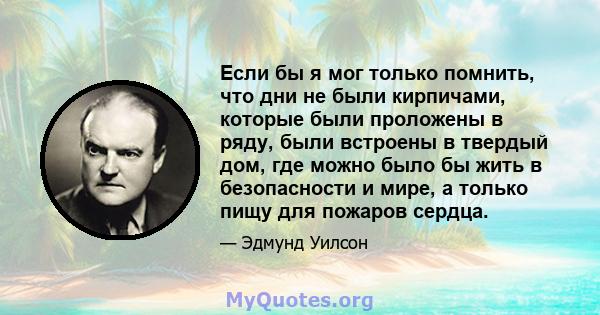 Если бы я мог только помнить, что дни не были кирпичами, которые были проложены в ряду, были встроены в твердый дом, где можно было бы жить в безопасности и мире, а только пищу для пожаров сердца.