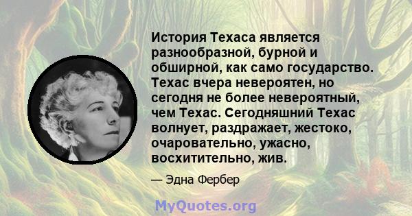 История Техаса является разнообразной, бурной и обширной, как само государство. Техас вчера невероятен, но сегодня не более невероятный, чем Техас. Сегодняшний Техас волнует, раздражает, жестоко, очаровательно, ужасно,