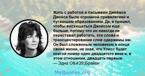 Жить с работой и письмами Джеймса Джойса было огромной привилегией и пугающим образованием. Да, я пришел, чтобы восхищаться Джойсом еще больше, потому что он никогда не переставал работать, эти слова и трансцентирование 