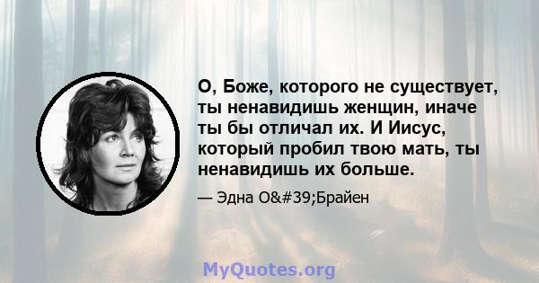 О, Боже, которого не существует, ты ненавидишь женщин, иначе ты бы отличал их. И Иисус, который пробил твою мать, ты ненавидишь их больше.