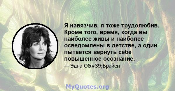 Я навязчив, я тоже трудолюбив. Кроме того, время, когда вы наиболее живы и наиболее осведомлены в детстве, а один пытается вернуть себе повышенное осознание.