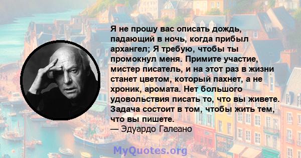 Я не прошу вас описать дождь, падающий в ночь, когда прибыл архангел; Я требую, чтобы ты промокнул меня. Примите участие, мистер писатель, и на этот раз в жизни станет цветом, который пахнет, а не хроник, аромата. Нет