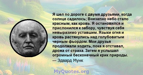 Я шел по дороге с двумя друзьями, когда солнце садилось; Внезапно небо стало красным, как кровь. Я остановился и прислонился к забору, чувствуя себя невыразимо уставшим. Языки огня и кровь растянулись над голубоватым