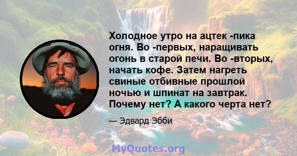 Холодное утро на ацтек -пика огня. Во -первых, наращивать огонь в старой печи. Во -вторых, начать кофе. Затем нагреть свиные отбивные прошлой ночью и шпинат на завтрак. Почему нет? А какого черта нет?