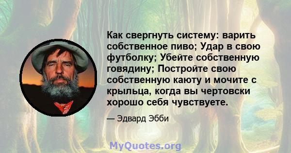 Как свергнуть систему: варить собственное пиво; Удар в свою футболку; Убейте собственную говядину; Постройте свою собственную каюту и мочите с крыльца, когда вы чертовски хорошо себя чувствуете.