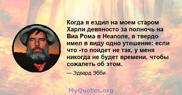 Когда я ездил на моем старом Харли девяносто за полночь на Виа Рома в Неаполе, я твердо имел в виду одно утешение: если что -то пойдет не так, у меня никогда не будет времени, чтобы сожалеть об этом.