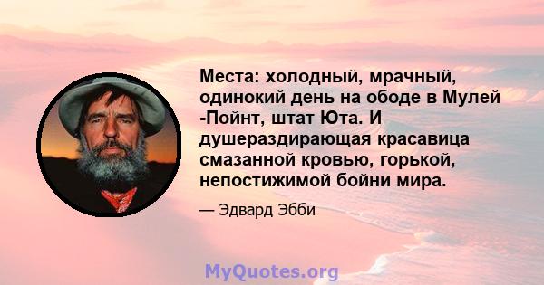 Места: холодный, мрачный, одинокий день на ободе в Мулей -Пойнт, штат Юта. И душераздирающая красавица смазанной кровью, горькой, непостижимой бойни мира.