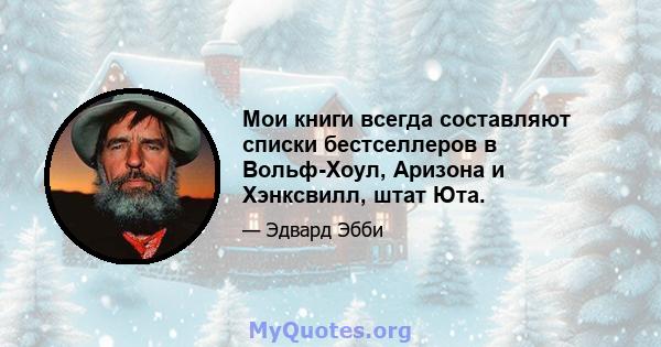 Мои книги всегда составляют списки бестселлеров в Вольф-Хоул, Аризона и Хэнксвилл, штат Юта.