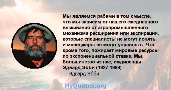 Мы являемся рабами в том смысле, что мы зависим от нашего ежедневного выживания от агропромышленного механизма расширения или экспирации, которые специалисты не могут понять, и менеджеры не могут управлять. Что, кроме