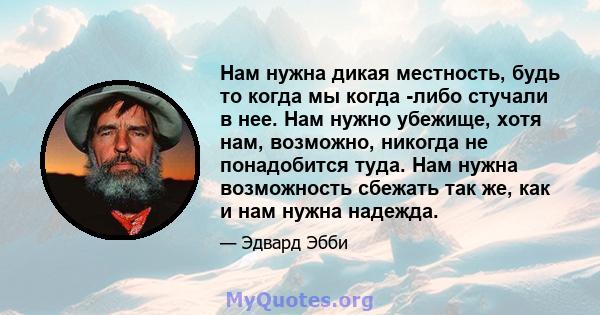 Нам нужна дикая местность, будь то когда мы когда -либо стучали в нее. Нам нужно убежище, хотя нам, возможно, никогда не понадобится туда. Нам нужна возможность сбежать так же, как и нам нужна надежда.