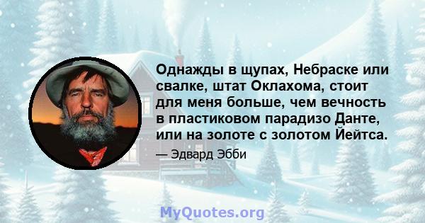 Однажды в щупах, Небраске или свалке, штат Оклахома, стоит для меня больше, чем вечность в пластиковом парадизо Данте, или на золоте с золотом Йейтса.