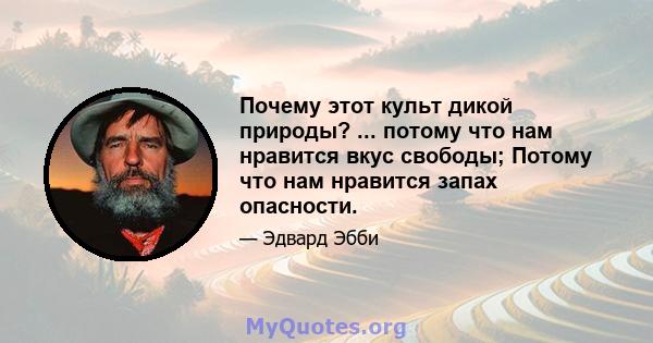 Почему этот культ дикой природы? ... потому что нам нравится вкус свободы; Потому что нам нравится запах опасности.