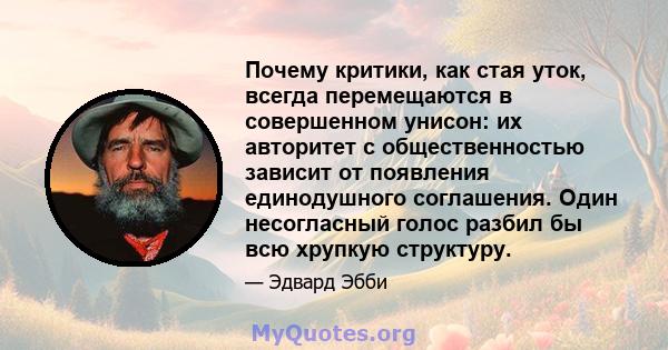 Почему критики, как стая уток, всегда перемещаются в совершенном унисон: их авторитет с общественностью зависит от появления единодушного соглашения. Один несогласный голос разбил бы всю хрупкую структуру.