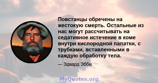 Повстанцы обречены на жестокую смерть. Остальные из нас могут рассчитывать на седативное истечение в коме внутри кислородной палатки, с трубками, вставленными в каждую обработку тела.